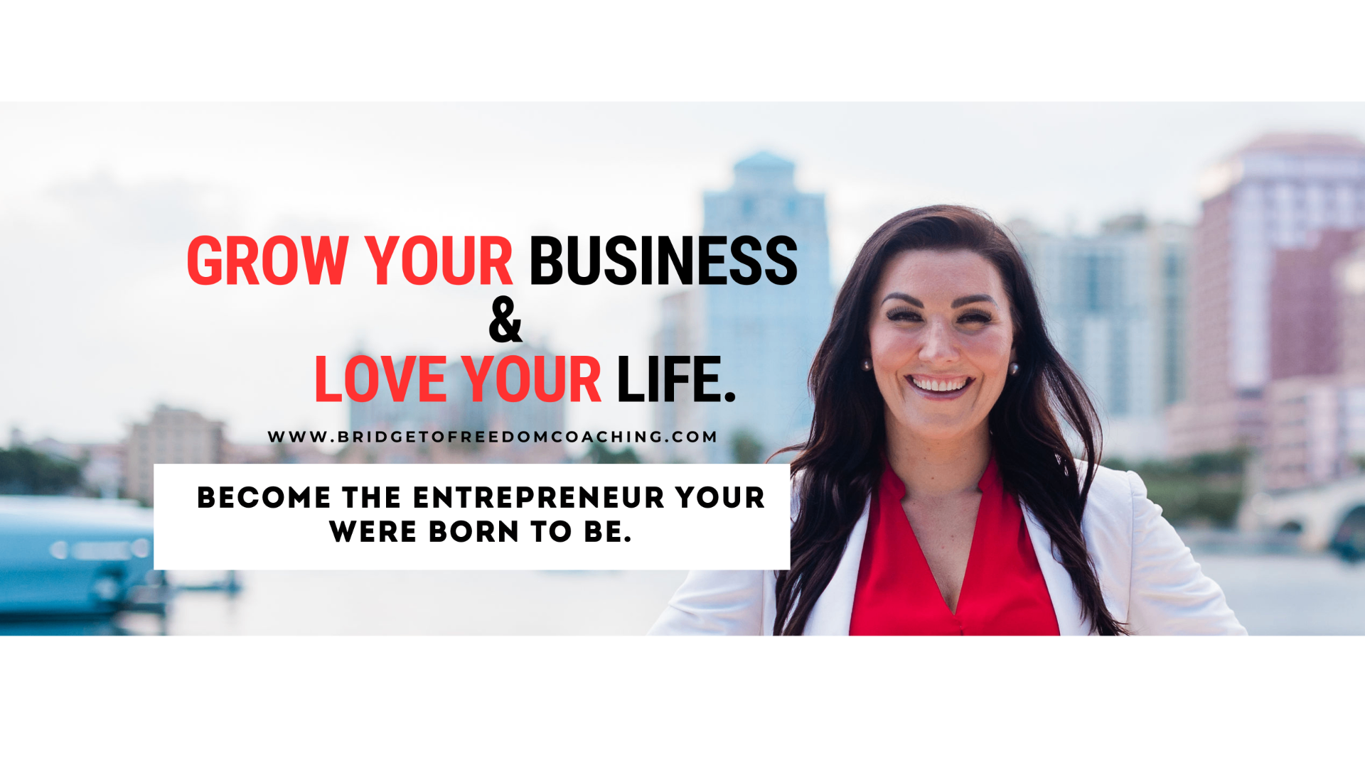 Bridget Hom, Business Architect, smiling in a red blouse and white blazer, representing the personal support behind a 90-day business growth program
