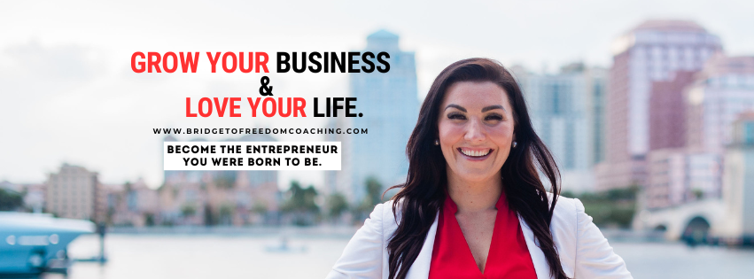 Grow your business and love your life: Bridget Hom smiling in a red blouse and white blazer against a city skyline